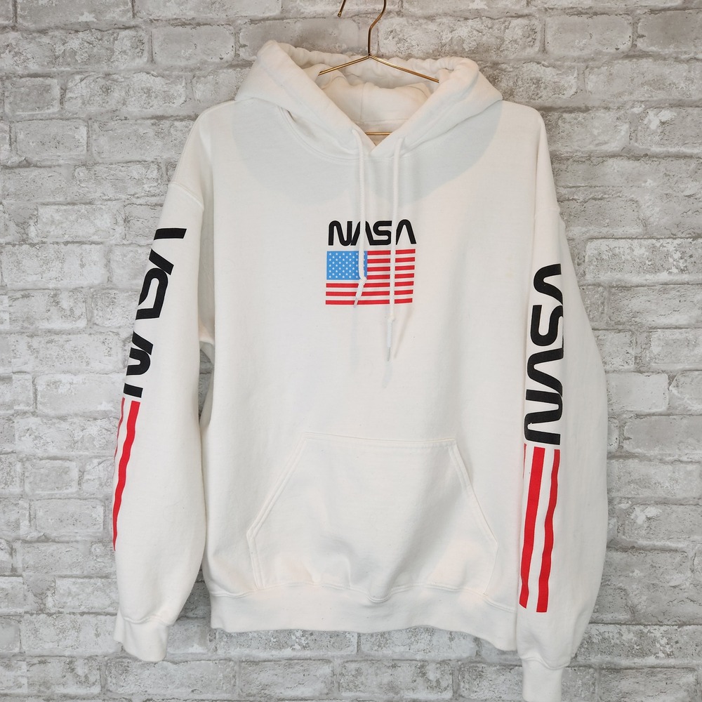NASA Hoodie US Flag Graphic Cream White Pullover Streetwear Large